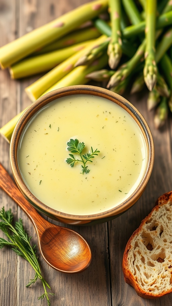 Creamy asparagus soup made from asparagus ends, garnished with herbs, in a rustic bowl.